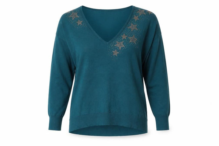 Monsoon Womens Green V-Neck Star Rhinestone Pullover Jumper Size M