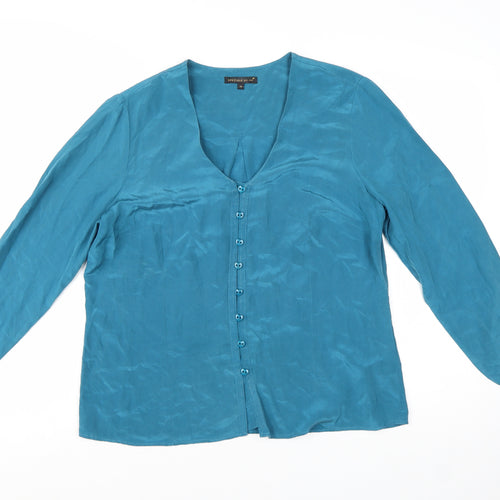 Marks and Spencer Per Una Blue Silk Long Sleeve V-Neck Blouse Size 14
