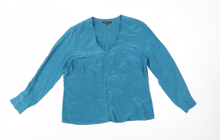 Marks and Spencer Per Una Blue Silk Long Sleeve V-Neck Blouse Size 14