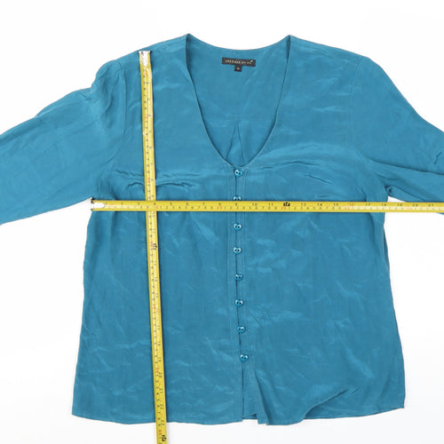 Marks and Spencer Per Una Blue Silk Long Sleeve V-Neck Blouse Size 14