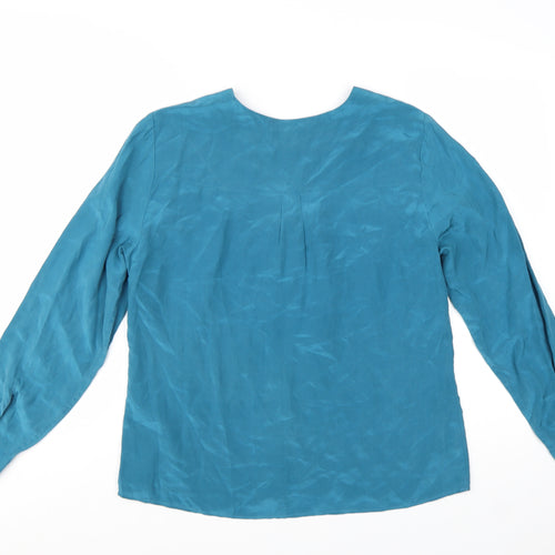 Marks and Spencer Per Una Blue Silk Long Sleeve V-Neck Blouse Size 14