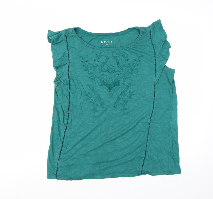 Ann Taylor Loft Women's Green Embroidered Cotton Sleeveless Top L