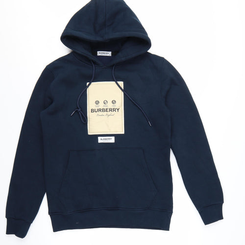 Burberry Men Blue Logo Pullover Hoodie Size S Cotton