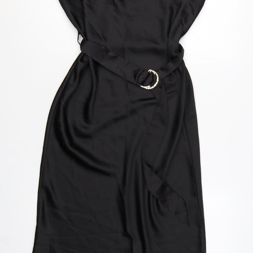 River Island Women’s Black Satin Midi Slip Dress Size 12 Belted