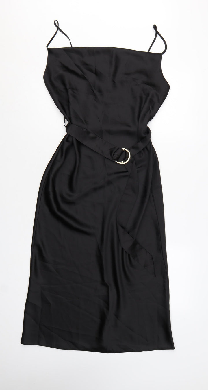 River Island Women’s Black Satin Midi Slip Dress Size 12 Belted