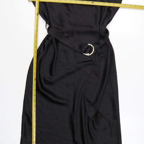 River Island Women’s Black Satin Midi Slip Dress Size 12 Belted