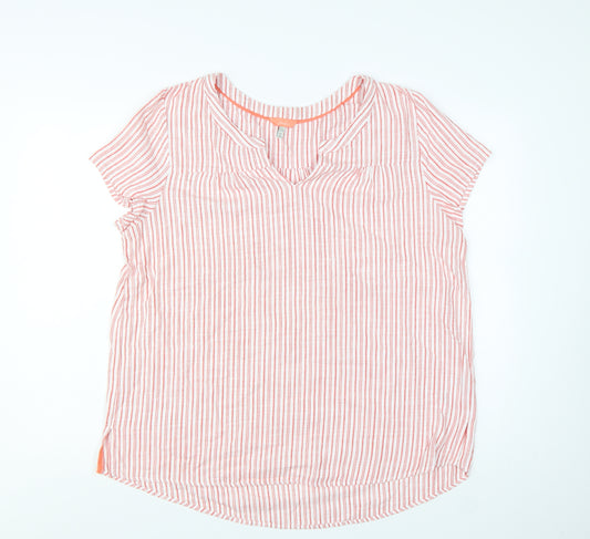 Joules Womens Pink White Striped Cotton V-Neck Blouse Size 16