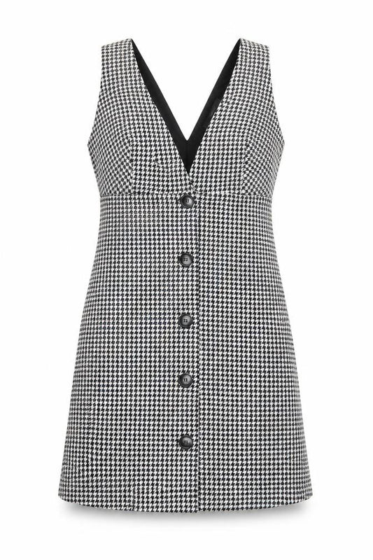 Front view of George Women Black Houndstooth Sleeveless V-Neck Pinafore Dress, size 10