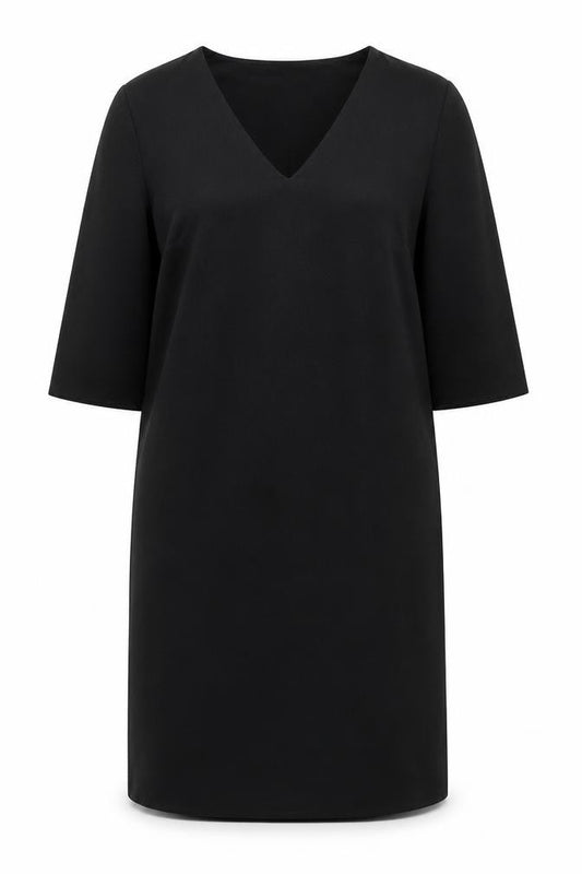 Front view of Marks & Spencer Women Black, size 12, Shift Dress 3/4 Sleeve V-Neck