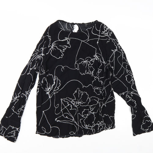 Next Women's Black Floral Viscose Long Sleeve Tunic Blouse Size 12