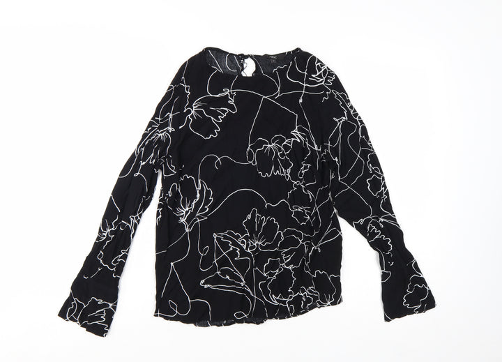 Next Women's Black Floral Viscose Long Sleeve Tunic Blouse Size 12