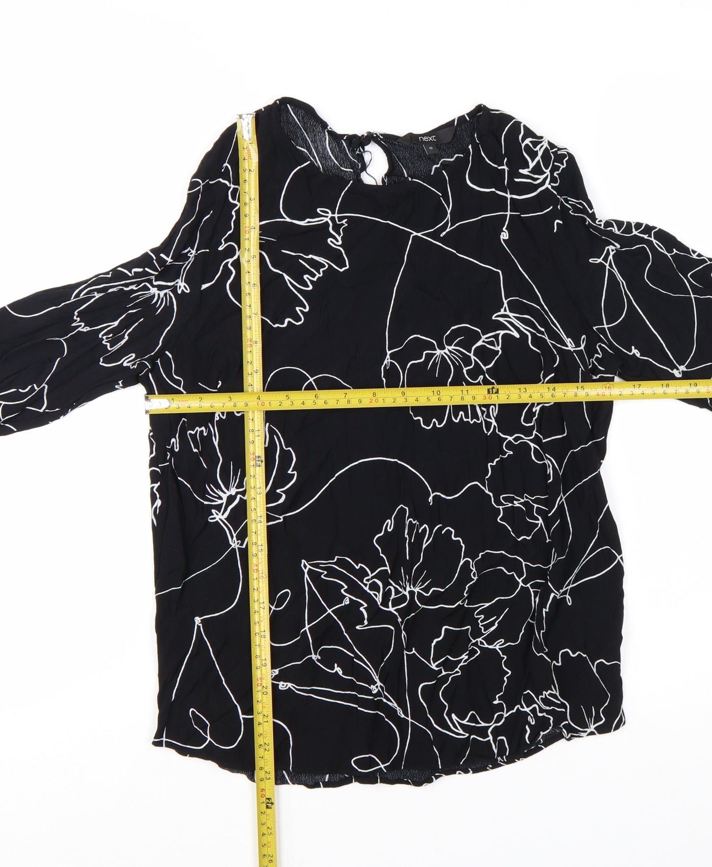 Next Women's Black Floral Viscose Long Sleeve Tunic Blouse Size 12