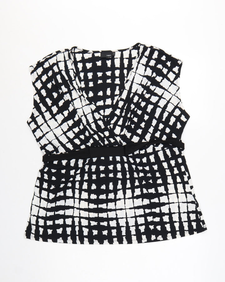 Next Women’s Black Geometric Wrap Blouse Size 20 Sleeveless Jersey Top