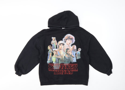 Front view of Zara girls’ black stranger things pullover hoodie 13-14 years fleece lined