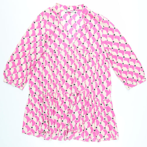 ZARA Women Pink Geometric Smock Dress Size 14 3/4 Sleeve V-Neck