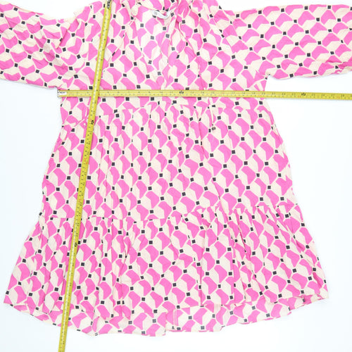 ZARA Women Pink Geometric Smock Dress Size 14 3/4 Sleeve V-Neck