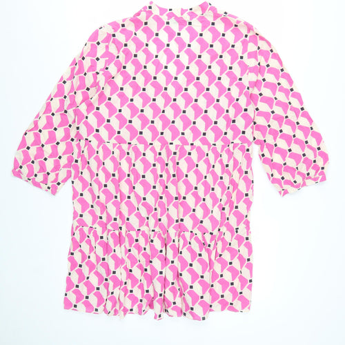 ZARA Women Pink Geometric Smock Dress Size 14 3/4 Sleeve V-Neck