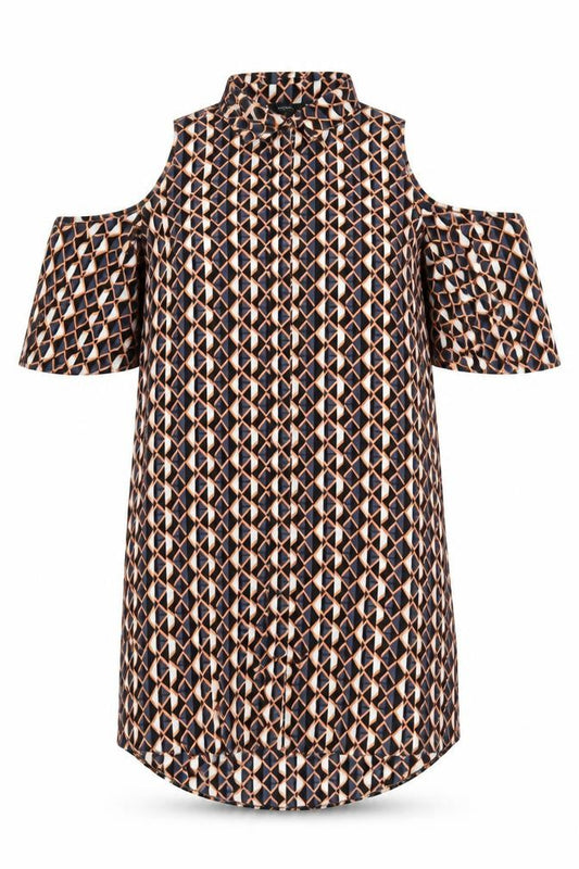 Front view of Papaya Women’s Multicoloured Geometric Cold Shoulder Shirt Dress, size UK 16