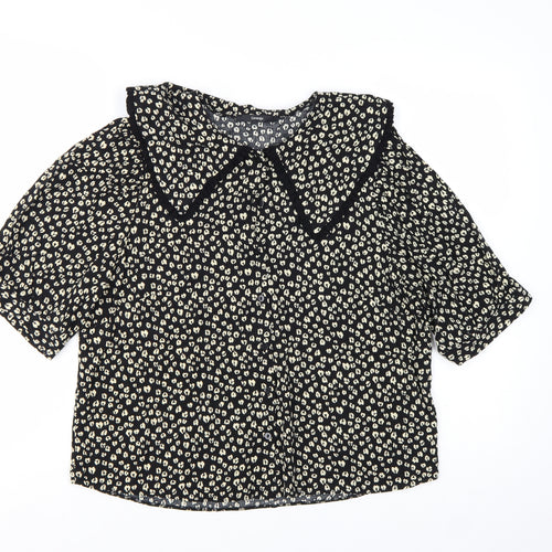 George Women’s Black Animal Print Collared Short Sleeve Blouse Size 14