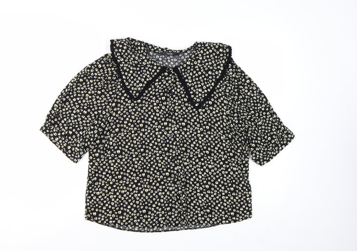 George Women’s Black Animal Print Collared Short Sleeve Blouse Size 14