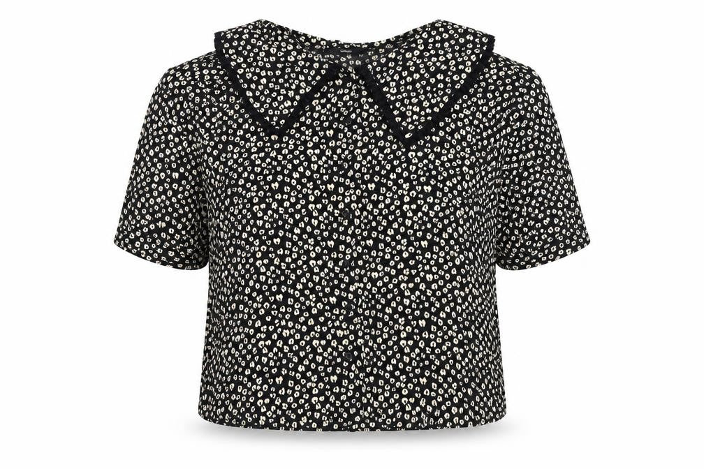 George Women’s Black Animal Print Collared Short Sleeve Blouse Size 14