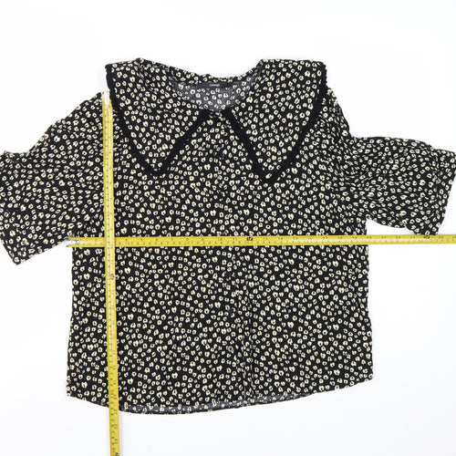 George Women’s Black Animal Print Collared Short Sleeve Blouse Size 14