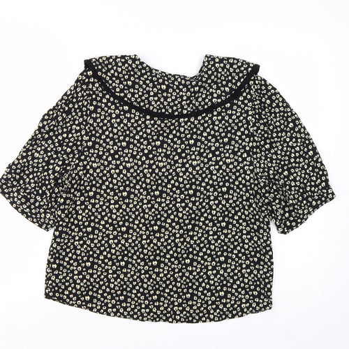 George Women’s Black Animal Print Collared Short Sleeve Blouse Size 14