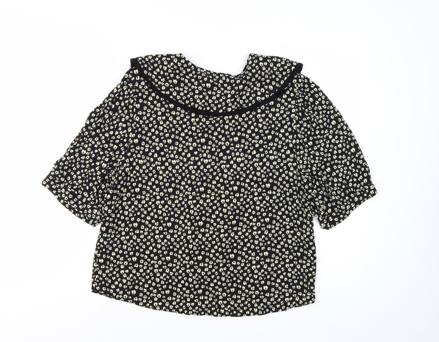 George Women’s Black Animal Print Collared Short Sleeve Blouse Size 14