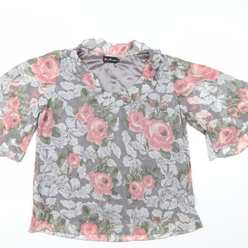 Amari Women’s Grey Floral Chiffon Tunic Blouse Size S V-Neck Flared Sleeve
