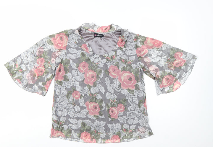 Amari Women’s Grey Floral Chiffon Tunic Blouse Size S V-Neck Flared Sleeve