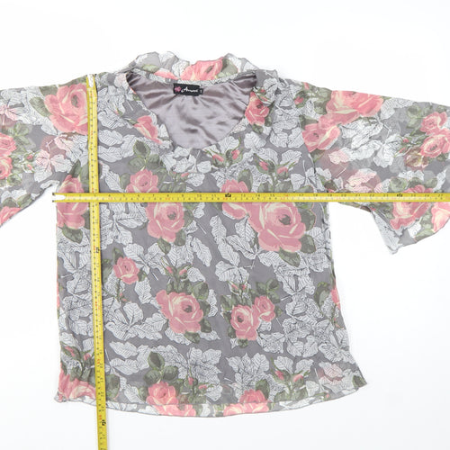 Amari Women’s Grey Floral Chiffon Tunic Blouse Size S V-Neck Flared Sleeve