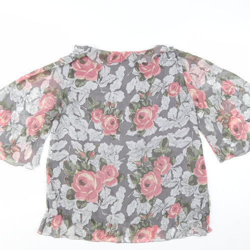 Amari Women’s Grey Floral Chiffon Tunic Blouse Size S V-Neck Flared Sleeve