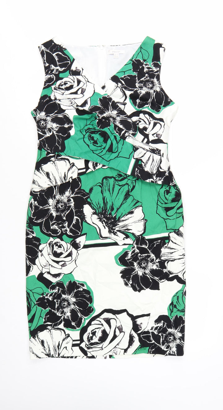 Precis Women Green Floral Sheath Dress Size 12 Sleeveless V-Neck