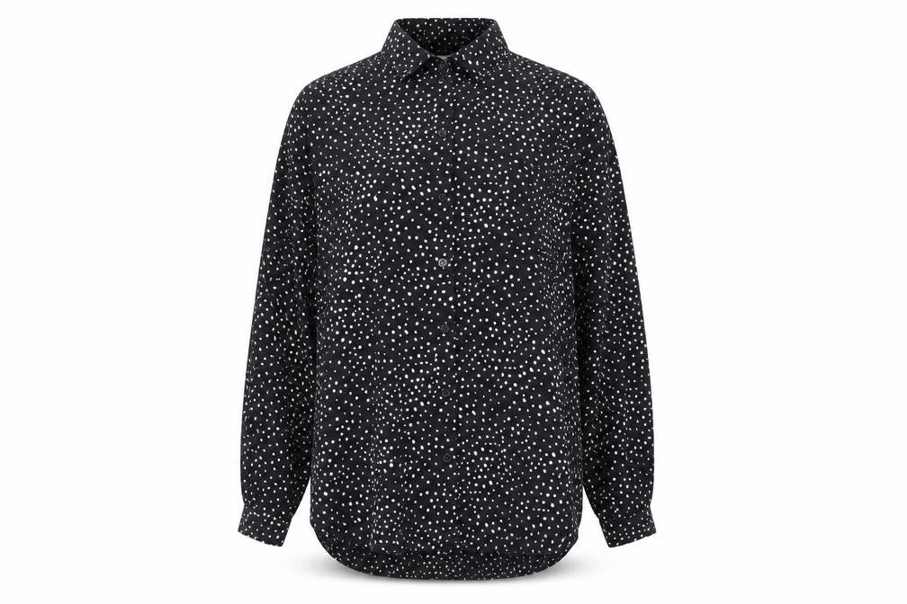 Front view of H&M Women's Black Polka Dot Button-Up Blouse, size S