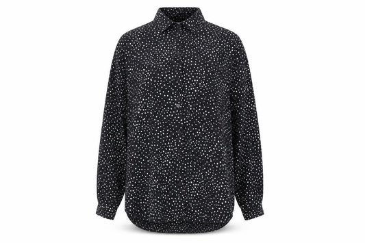 Front view of H&M Women's Black Polka Dot Button-Up Blouse, size S