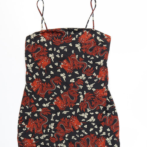 ZARA Women Black Red Dragon Print Slip Mini Dress Size 12