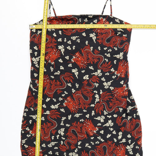 ZARA Women Black Red Dragon Print Slip Mini Dress Size 12
