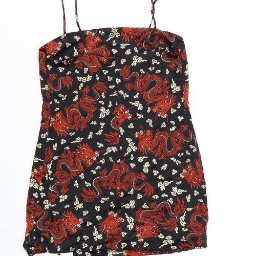 ZARA Women Black Red Dragon Print Slip Mini Dress Size 12