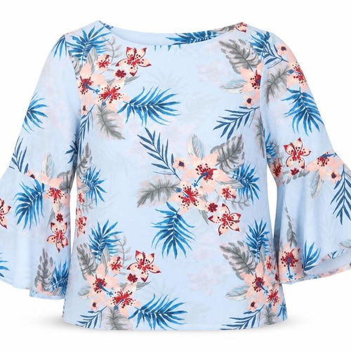 Bonmarché Women's Blue Floral Bell Sleeve Tunic Blouse Size 12