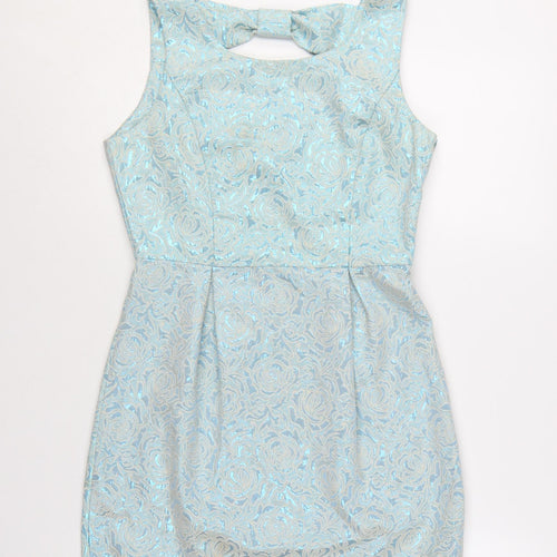 Yumi Women's Blue Floral Jacquard Knee Length Bodycon Sleeveless Dress Size 10