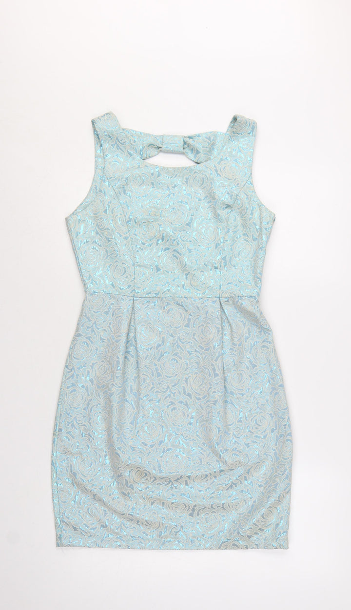 Yumi Women's Blue Floral Jacquard Knee Length Bodycon Sleeveless Dress Size 10