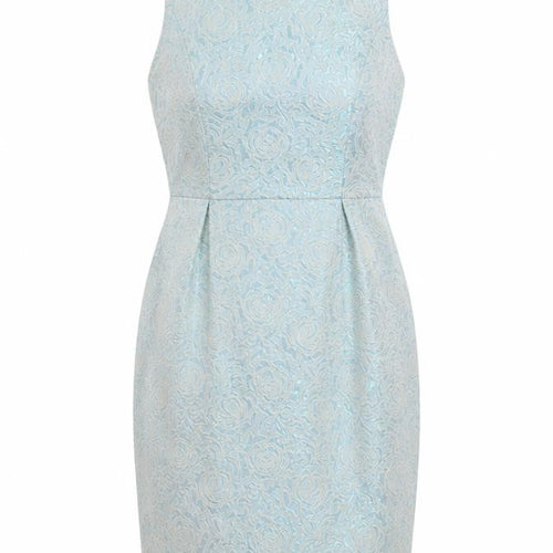 Yumi Women's Blue Floral Jacquard Knee Length Bodycon Sleeveless Dress Size 10