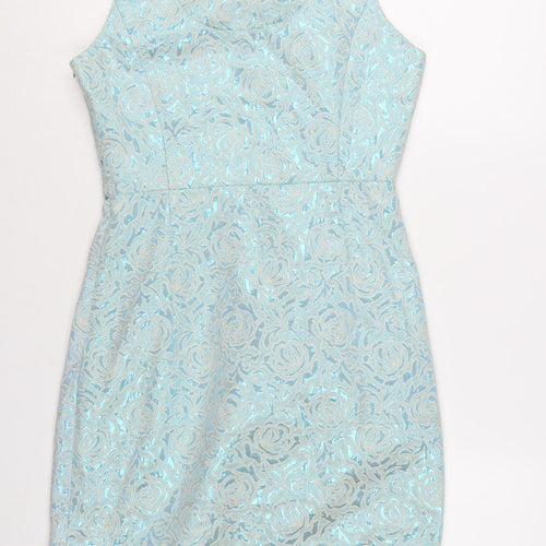 Yumi Women's Blue Floral Jacquard Knee Length Bodycon Sleeveless Dress Size 10