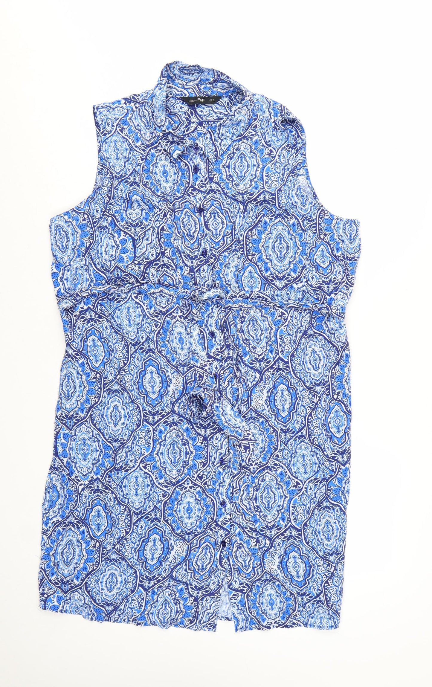 F&F Women's Blue Geometric Collared Sleeveless Shirt Dress Size 16