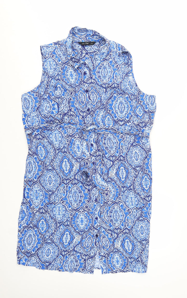 F&F Women's Blue Geometric Collared Sleeveless Shirt Dress Size 16