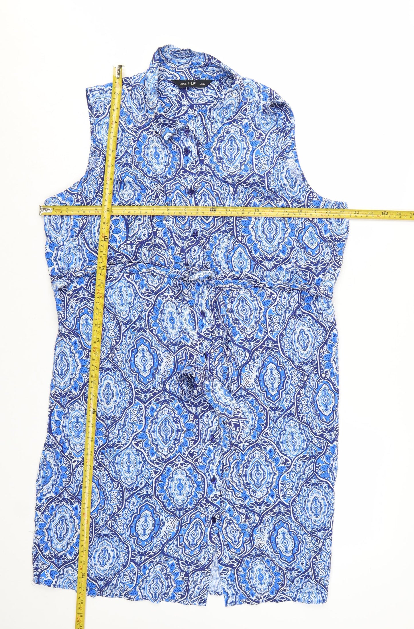 F&F Women's Blue Geometric Collared Sleeveless Shirt Dress Size 16