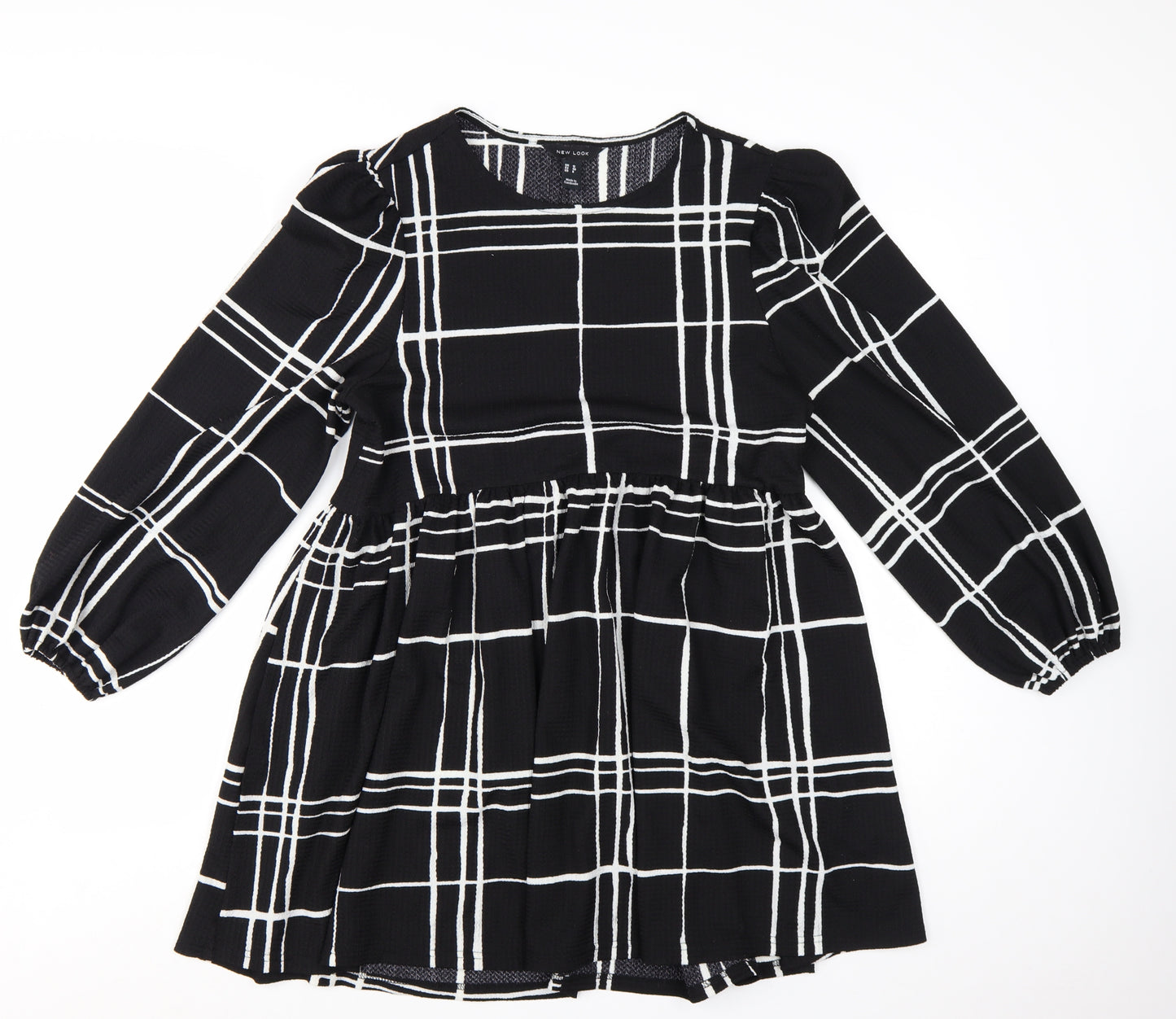 New Look Women Black Check Long Sleeve A-Line Dress Size 12