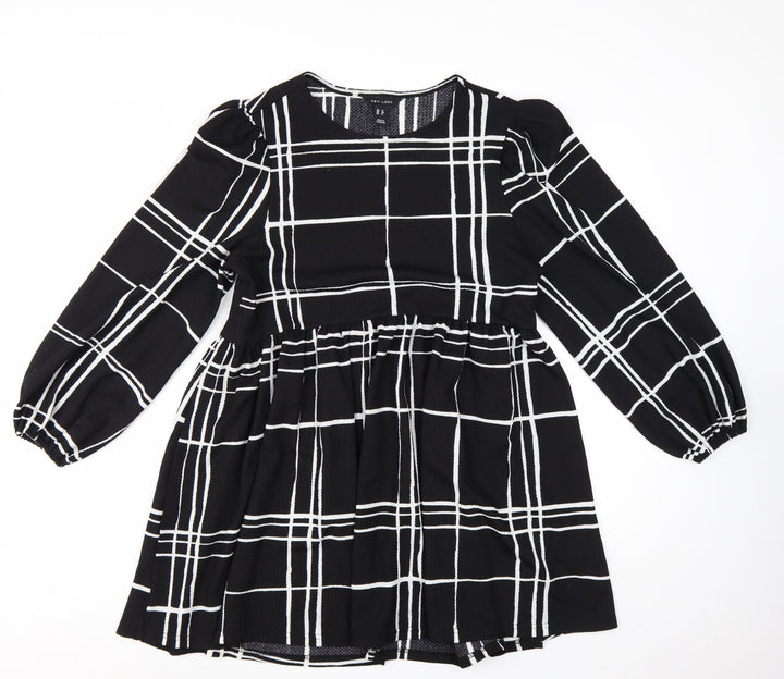 New Look Women Black Check Long Sleeve A-Line Dress Size 12