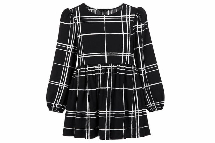 New Look Women Black Check Long Sleeve A-Line Dress Size 12