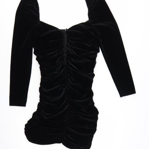 Zara Women Black Velvet Ruched Bodycon Mini Dress Size 12